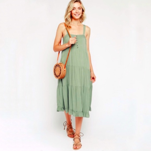 Olivaceous Dresses & Skirts - Olivaceous Melina Sage Tiered MIdi Swing Dress S